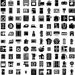 Collection Of 100 Appliance Icons Set Isolated Solid Silhouette Icons Including Refrigerator, Household, Domestic, Set, Home, Equipment, Kitchen Infographic Elements Vector Illustration Logo