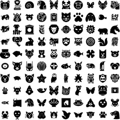 Collection Of 100 Animal Icons Set Isolated Solid Silhouette Icons Including Illustration, Cartoon, Set, Character, Wildlife, Animal, Cute Infographic Elements Vector Illustration Logo