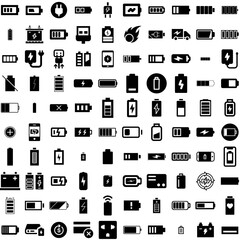 Collection Of 100 Charge Icons Set Isolated Solid Silhouette Icons Including Charge, Electric, Charger, Technology, Power, Energy, Battery Infographic Elements Vector Illustration Logo
