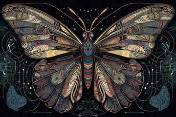 a butterfly with intricate patterns on it's wings and wings are all over the place to rest in order. Generative Ai