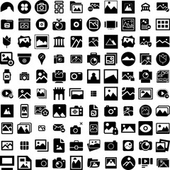 Collection Of 100 Gallery Icons Set Isolated Solid Silhouette Icons Including Gallery, Exhibition, Picture, Contemporary, Art, Painting, Museum Infographic Elements Vector Illustration Logo