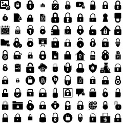 Collection Of 100 Padlock Icons Set Isolated Solid Silhouette Icons Including Lock, Privacy, Safe, Safety, Secure, Protection, Padlock Infographic Elements Vector Illustration Logo
