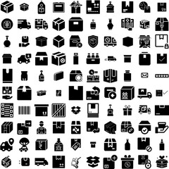 Collection Of 100 Package Icons Set Isolated Solid Silhouette Icons Including Box, Set, Vector, Product, Packaging, Package, Pack Infographic Elements Vector Illustration Logo