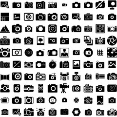 Collection Of 100 Photography Icons Set Isolated Solid Silhouette Icons Including Lens, Photo, Technology, Camera, Photography, Photographer, Equipment Infographic Elements Vector Illustration Logo