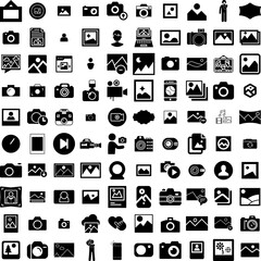 Collection Of 100 Picture Icons Set Isolated Solid Silhouette Icons Including Photo, Frame, Blank, Empty, Picture, Background, Art Infographic Elements Vector Illustration Logo
