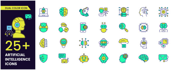 Vector artificial intelligence easy editable dual color icon set with machine learning, smart robotic and cloud computing network digital AI technology, internet, solving, algorithm, choice sign.