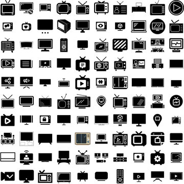 Collection Of 100 Television Icons Set Isolated Solid Silhouette Icons Including Video, Screen, Television, Display, Tv, Entertainment, Technology Infographic Elements Vector Illustration Logo