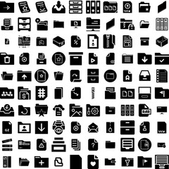 Collection Of 100 Archive Icons Set Isolated Solid Silhouette Icons Including File, Document, Data, Office, Business, Archive, Storage Infographic Elements Vector Illustration Logo