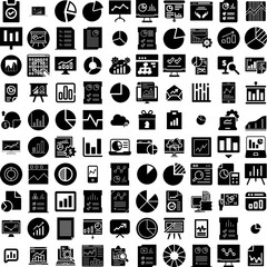 Collection Of 100 Analytics Icons Set Isolated Solid Silhouette Icons Including Chart, Finance, Technology, Business, Graph, Data, Financial Infographic Elements Vector Illustration Logo