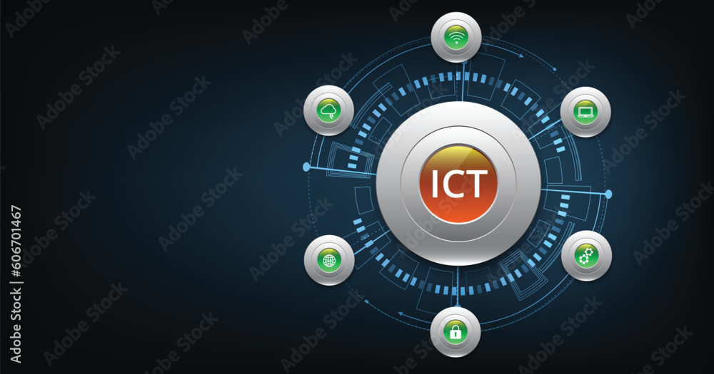 Poster Information and communication technology(ICT)concept. Information and communication technology on dark blue background.Wireless communication network. Intelligent system automation.