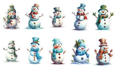 Funny Snowman Caricature Collection - Vector Illustrations on Isolated Background