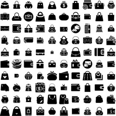 Collection Of 100 Purse Icons Set Isolated Solid Silhouette Icons Including Fashion, Handbag, Woman, Female, Background, Bag, Purse Infographic Elements Vector Illustration Logo