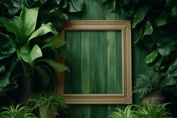 Empty Wooden Frame on Green Wall, Generative Ai.