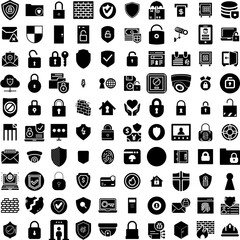 Collection Of 100 Security Icons Set Isolated Solid Silhouette Icons Including Technology, Secure, Internet, Protection, Privacy, Security, Computer Infographic Elements Vector Illustration Logo