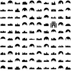 Collection Of 100 Skyline Icons Set Isolated Solid Silhouette Icons Including Skyline, City, Urban, Building, Skyscraper, Cityscape, Architecture Infographic Elements Vector Illustration Logo