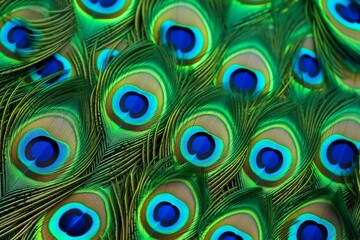 Green Blue Peacock Feathers Background, Generative Ai.
