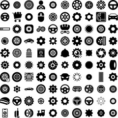 Collection Of 100 Wheel Icons Set Isolated Solid Silhouette Icons Including Lottery, Prize, Lucky, Graphic, Game, Illustration, Wheel Infographic Elements Vector Illustration Logo