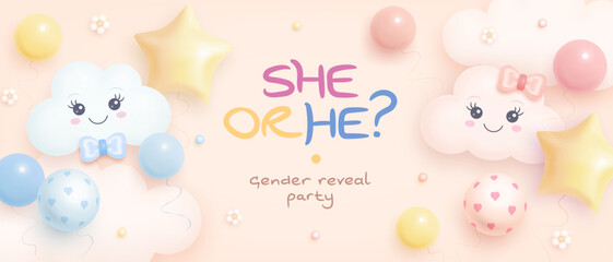 Fototapeta na wymiar He or she. Boy or girl. Cartoon gender reveal invitation template. Horizontal banner with realistic clouds and helium balloons. Vector illustration