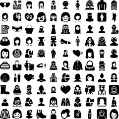 Collection Of 100 Woman Icons Set Isolated Solid Silhouette Icons Including Girl, Woman, Young, Female, Beautiful, Happy, Background Infographic Elements Vector Illustration Logo