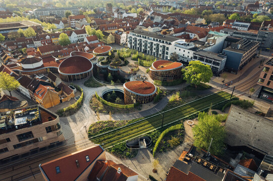Aerial drone view of Odense city