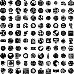 Collection Of 100 Earth Icons Set Isolated Solid Silhouette Icons Including Earth, Globe, Map, World, Planet, Background, Global Infographic Elements Vector Illustration Logo