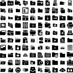 Collection Of 100 Folder Icons Set Isolated Solid Silhouette Icons Including Document, Business, Design, Folder, File, Open, Paper Infographic Elements Vector Illustration Logo