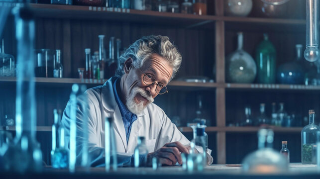 Generative A.I. realistic illustration of an older scientist, theme science is cool, modern laboratory, copy space, cinematographic, beautifully color coded, beautiful color grading