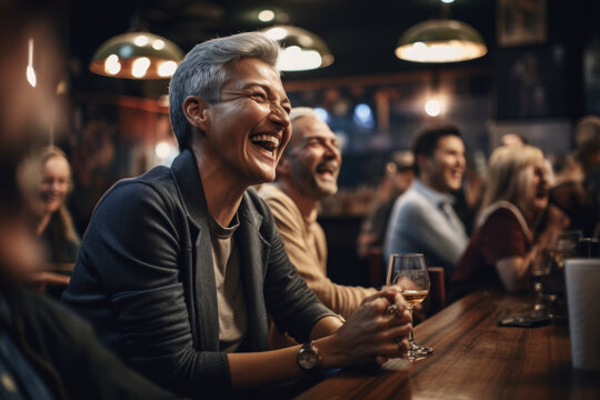 A forty-year-old woman laughs at a stand-up performance while sitting in a pub. Photorealistic illustration generative AI.