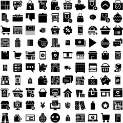 Collection Of 100 Ecommerce Icons Set Isolated Solid Silhouette Icons Including Ecommerce, Online, Payment, Retail, Business, Shop, Store Infographic Elements Vector Illustration Logo