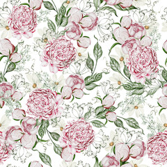 Watercolor seamless pattern with .peony flowers and  green leaves.