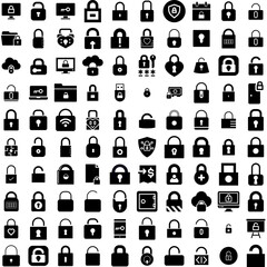 Collection Of 100 Padlock Icons Set Isolated Solid Silhouette Icons Including Privacy, Safe, Padlock, Protection, Lock, Safety, Secure Infographic Elements Vector Illustration Logo