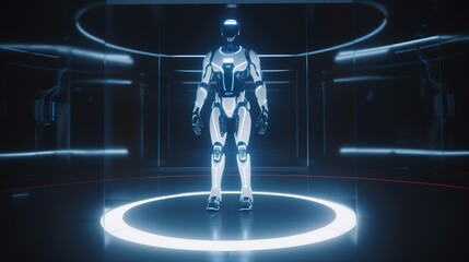 Obraz na płótnie Canvas Artificial intelligence robotic hologram lab blue light room future smart technology things of internet