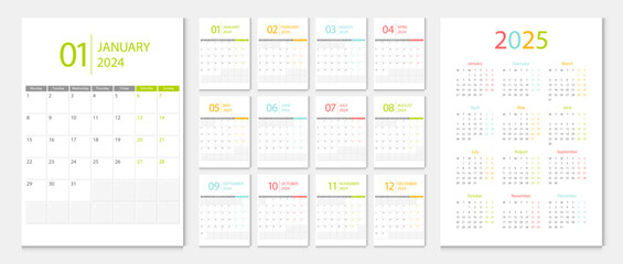 Calendar 2024, calendar 2025 week start Monday corporate design template vector.