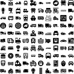 Collection Of 100 Transport Icons Set Isolated Solid Silhouette Icons Including Truck, Plane, Transport, Cargo, Transportation, Ship, Car Infographic Elements Vector Illustration Logo