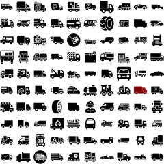 Collection Of 100 Truck Icons Set Isolated Solid Silhouette Icons Including Truck, Transport, Freight, Trucking, Transportation, Shipping, Delivery Infographic Elements Vector Illustration Logo