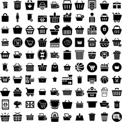 Collection Of 100 Basket Icons Set Isolated Solid Silhouette Icons Including Isolated, Buy, Object, Supermarket, Store, Basket, Market Infographic Elements Vector Illustration Logo