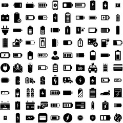 Collection Of 100 Charge Icons Set Isolated Solid Silhouette Icons Including Energy, Technology, Charger, Charge, Electric, Battery, Power Infographic Elements Vector Illustration Logo