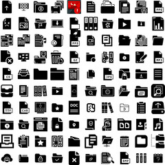Collection Of 100 Files Icons Set Isolated Solid Silhouette Icons Including Document, Office, Business, File, Management, Information, Icon Infographic Elements Vector Illustration Logo