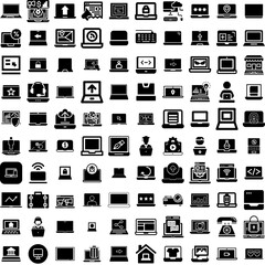 Collection Of 100 Laptop Icons Set Isolated Solid Silhouette Icons Including Technology, Notebook, Isolated, Computer, Screen, Laptop, Digital Infographic Elements Vector Illustration Logo