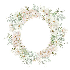 Watercolor wreath with hydrangea flowers and chamomile, green leaves.