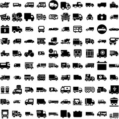 Collection Of 100 Truck Icons Set Isolated Solid Silhouette Icons Including Trucking, Freight, Truck, Transport, Shipping, Delivery, Transportation Infographic Elements Vector Illustration Logo