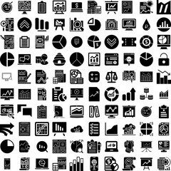 Collection Of 100 Analysis Icons Set Isolated Solid Silhouette Icons Including Graph, Chart, Business, Analysis, Data, Finance, Technology Infographic Elements Vector Illustration Logo