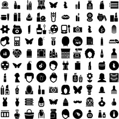 Collection Of 100 Beauty Icons Set Isolated Solid Silhouette Icons Including Beauty, Female, Skin, Woman, Makeup, Care, Beautiful Infographic Elements Vector Illustration Logo