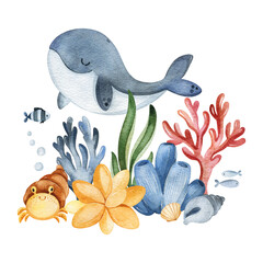 Watercolor composition with seaweeds,sea creatures,seashells and corals.Underwater collection.Perfect for baby shower,wedding,greeting cards,nursery,invitations,birthday,party,nursery,wall stickers