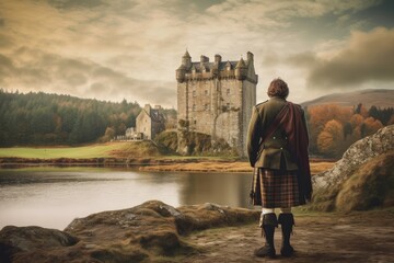 Scot man near lake scottish castle. Generate Ai - obrazy, fototapety, plakaty