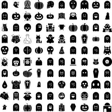 Collection Of 100 Halloween Icons Set Isolated Solid Silhouette Icons Including Halloween, Horror, Vector, Background, Spooky, Holiday, Pumpkin Infographic Elements Vector Illustration Logo