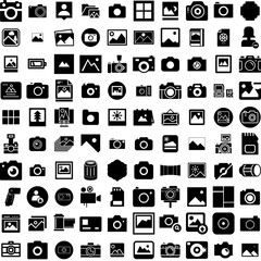 Collection Of 100 Photo Icons Set Isolated Solid Silhouette Icons Including Design, Paper, Blank, Photo, Retro, Frame, Picture Infographic Elements Vector Illustration Logo