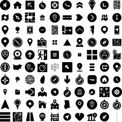 Collection Of 100 Navigation Icons Set Isolated Solid Silhouette Icons Including Technology, Navigation, Road, Navigator, Map, Travel, Compass Infographic Elements Vector Illustration Logo
