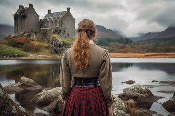 Scot woman skirt scottish castle. Generate Ai - obrazy, fototapety, plakaty