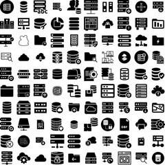 Collection Of 100 Database Icons Set Isolated Solid Silhouette Icons Including Computer, Business, Database, Data, Information, Storage, Technology Infographic Elements Vector Illustration Logo